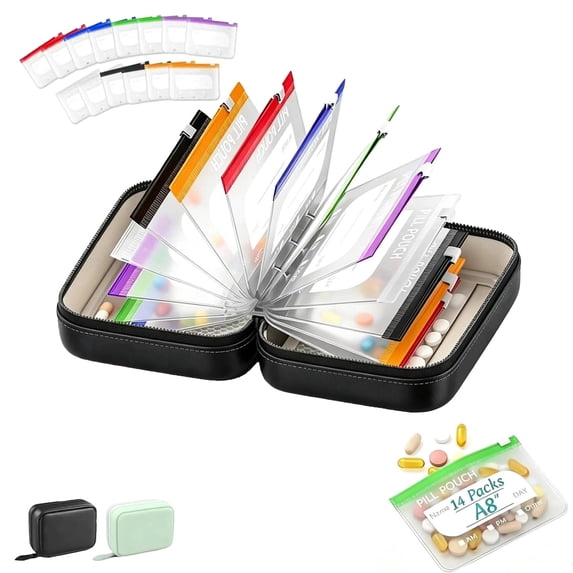 A8 Waterproof Pill Organizer Set with 14 Color-Coded Reusable Pouches, 2-Week Medication Storage Portable Pill Case for Travel