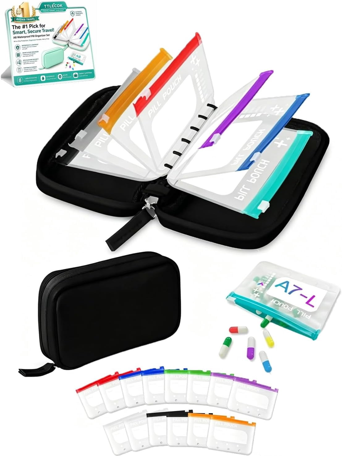 A8 Waterproof Pill Organizer & Travel Medicine Case with 14 Color-Coded Pouches, Leakproof Zippered Daily Pills Holder for Travel (Black)