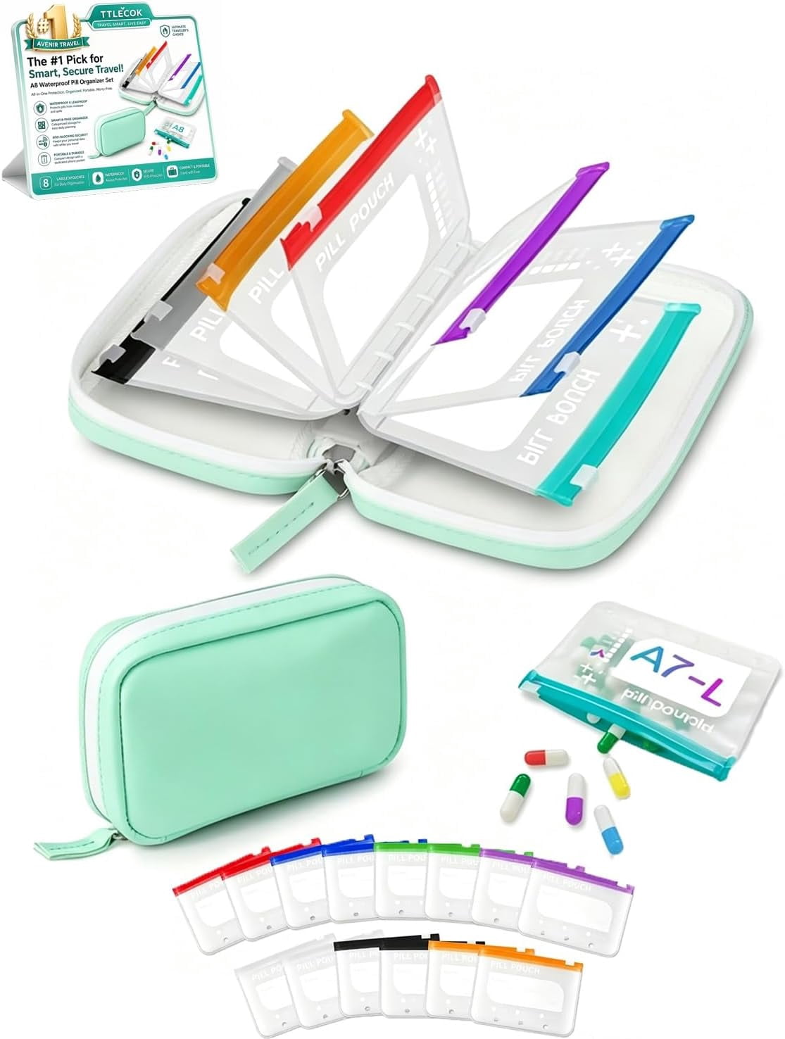 A8 Waterproof Pill Organizer & Travel Medicine Case with 14 Color-Coded Pouches, Leakproof Zippered Daily Pills Holder for Travel (Green)