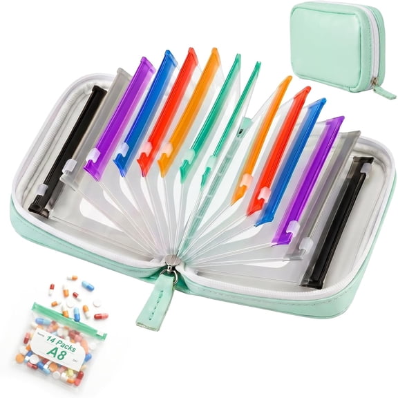 A8 Waterproof Pill Pouch Set,2026 New Portable Travel Medicine Organizer,14 Pcs Color Reusable Zippered Weekly Pill Storage Bag 14 Day Pill Organizer for Vitamins,Fish Oils & Supplements (Green)