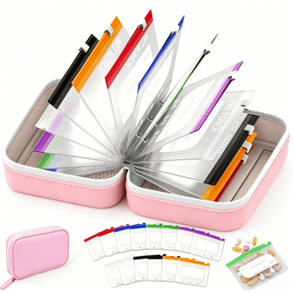 A8 Waterproof Pill Pouch Set, Large Weekly Pill Organizer with 14 Color-Coded Medicine Pouches, Reusable Travel Medicine Organizer, Zippered Pill Storage for Fish Oils, Vitamins(pink)