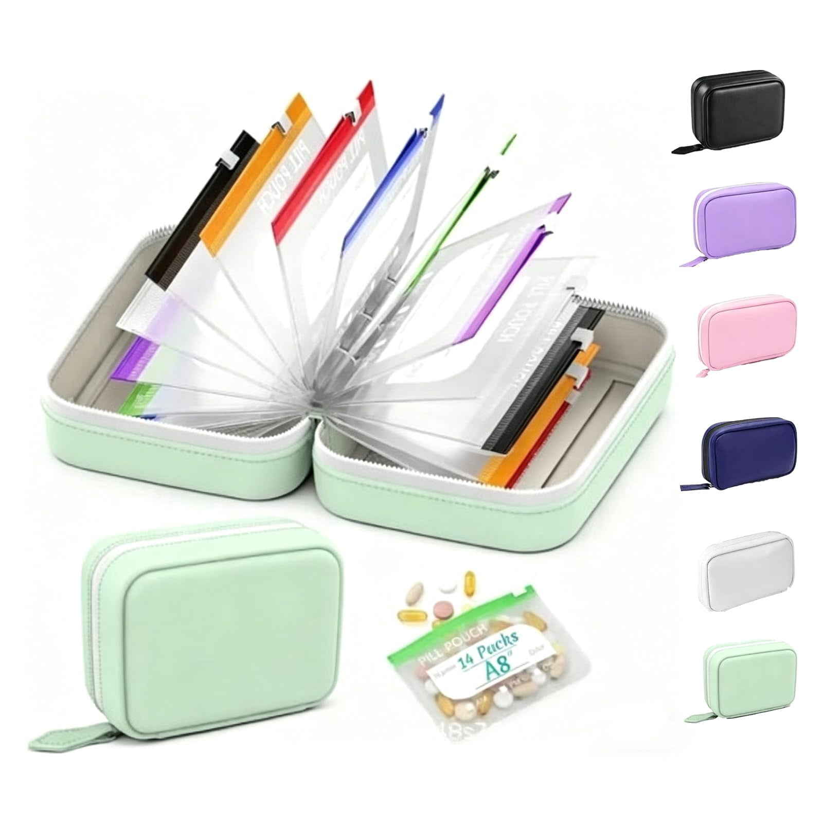 A8 Waterproof Pill Pouch Set, Weekly Pill Organizer with 14 Color Coded Medicine Pouches, Large Reusable Travel Medicine Case, Crush Resistant Waterproof Zipper Storage for Vitamins Fish