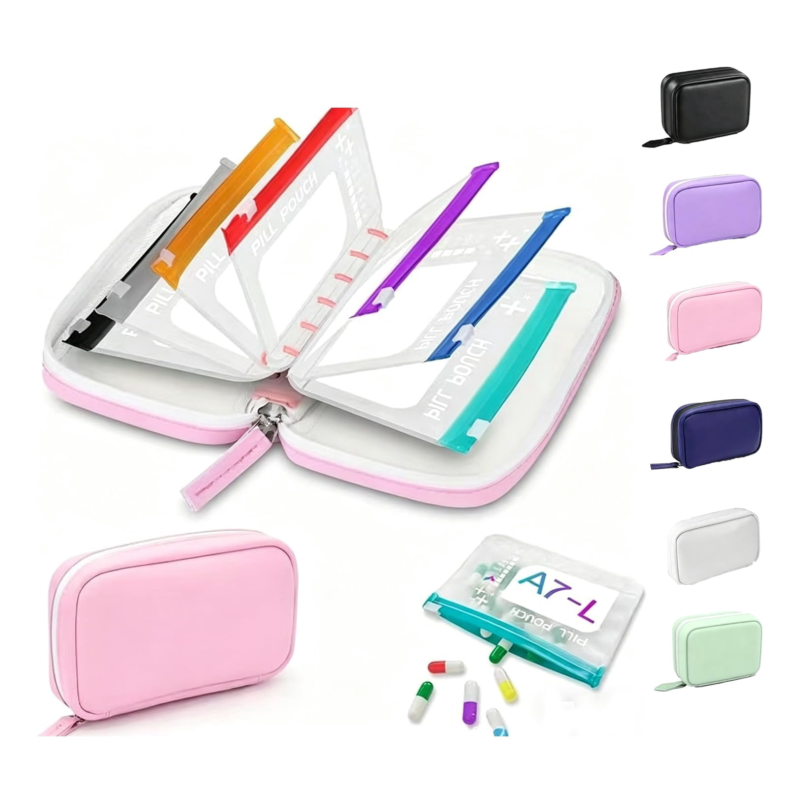 A8 Waterproof Pill Pouch Set, Weekly Pill Organizer with 14 Color Coded Medicine Pouches, Large Reusable Travel Medicine Case, Crush Resistant Waterproof Zipper Storage for Vitamins Fish