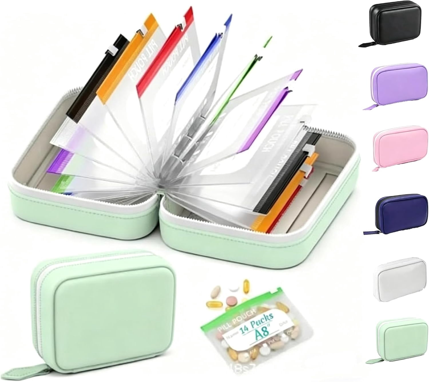A8 Waterproof Pill Pouch Set, Weekly Pill Organizer with 14 Color Coded Medicine Pouches, Large Reusable Travel Medicine Case, Crush Resistant Waterproof Zipper Storage for Vitamins Fish (B)