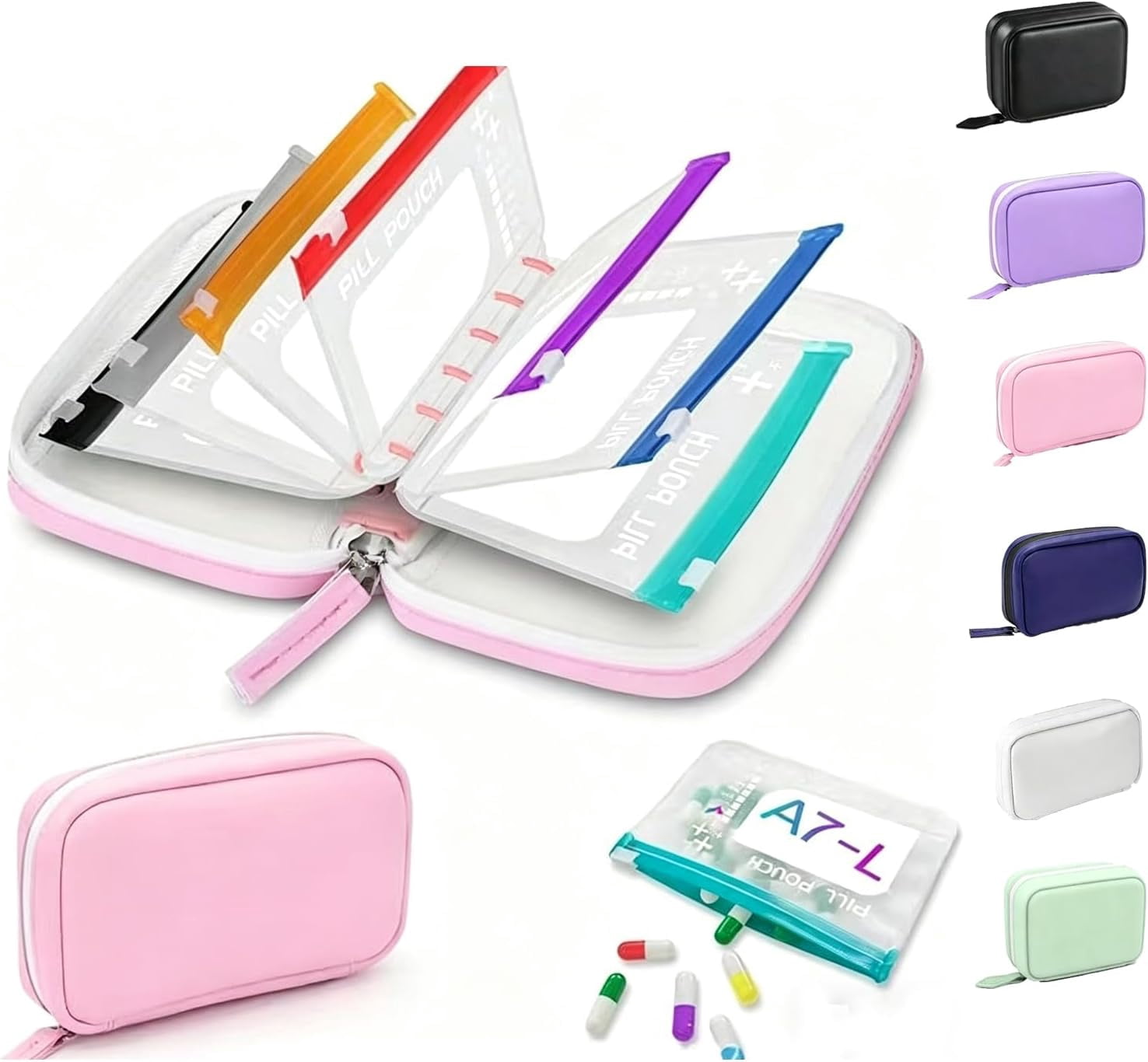 A8 Waterproof Pill Pouch Set, Weekly Pill Organizer with 14 Color Coded Medicine Pouches, Large Reusable Travel Medicine Case, Crush Resistant Waterproof Zipper Storage for Vitamins Fish (D)