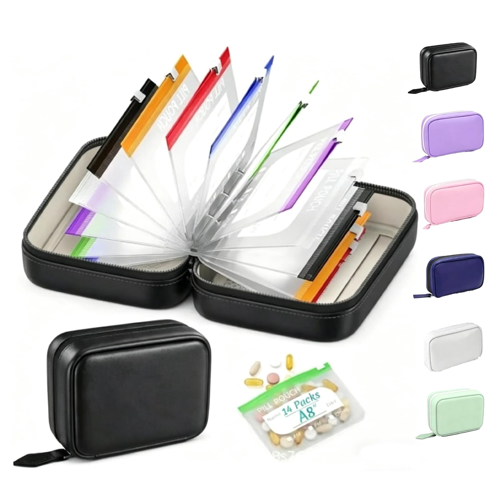 A8 Waterproof Pill Pouch Set, Weekly Pill Organizer with 14 Color Coded Medicine Pouches, Large Reusable Travel Medicine Case, Crush Resistant Waterproof Zipper Storage for Vitamins Fish