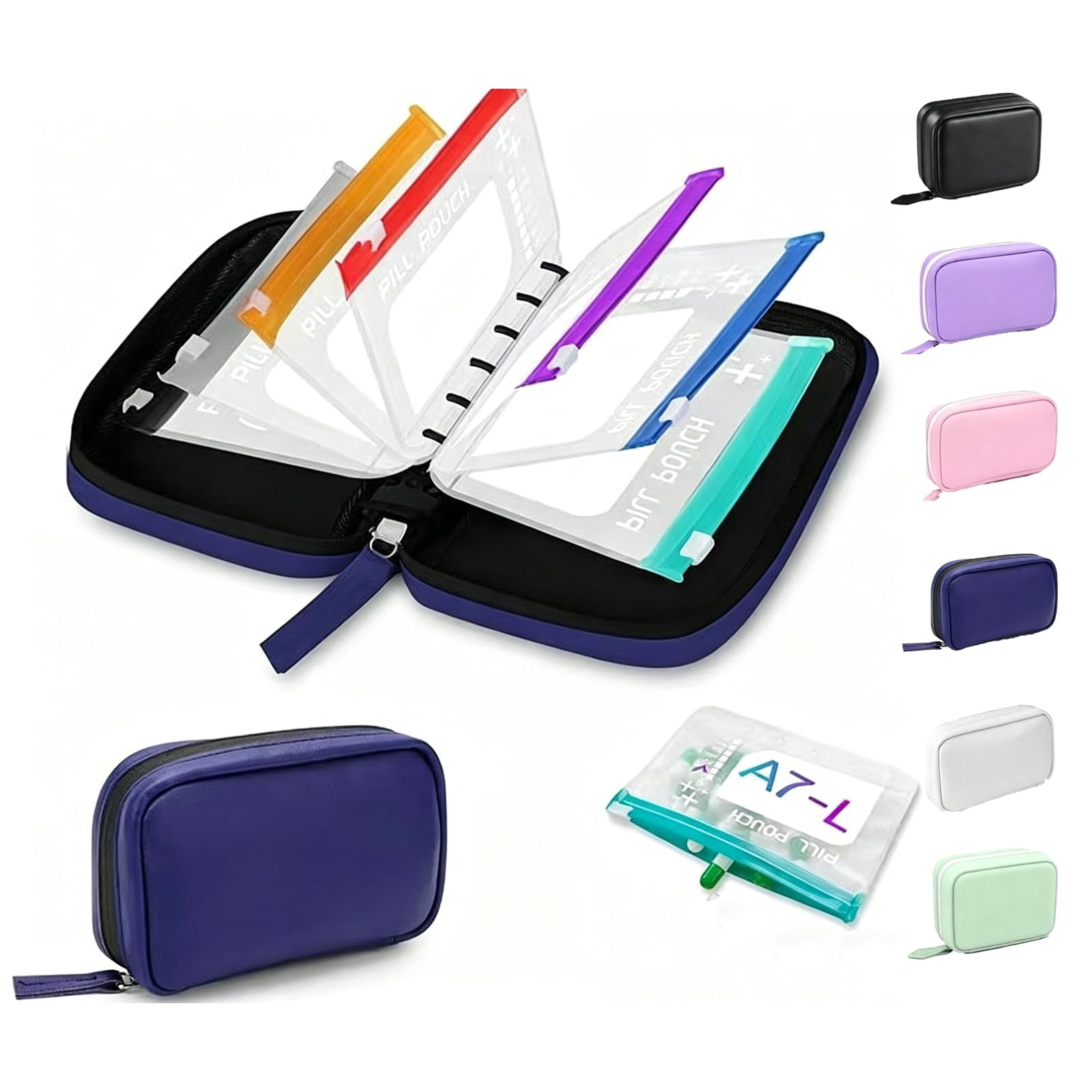 A8 Waterproof Pill Pouch Set, Weekly Pill Organizer with 14 Color Coded Medicine Pouches, Large Reusable Travel Medicine Case, Crush Resistant Waterproof Zipper Storage for Vitamins Fish