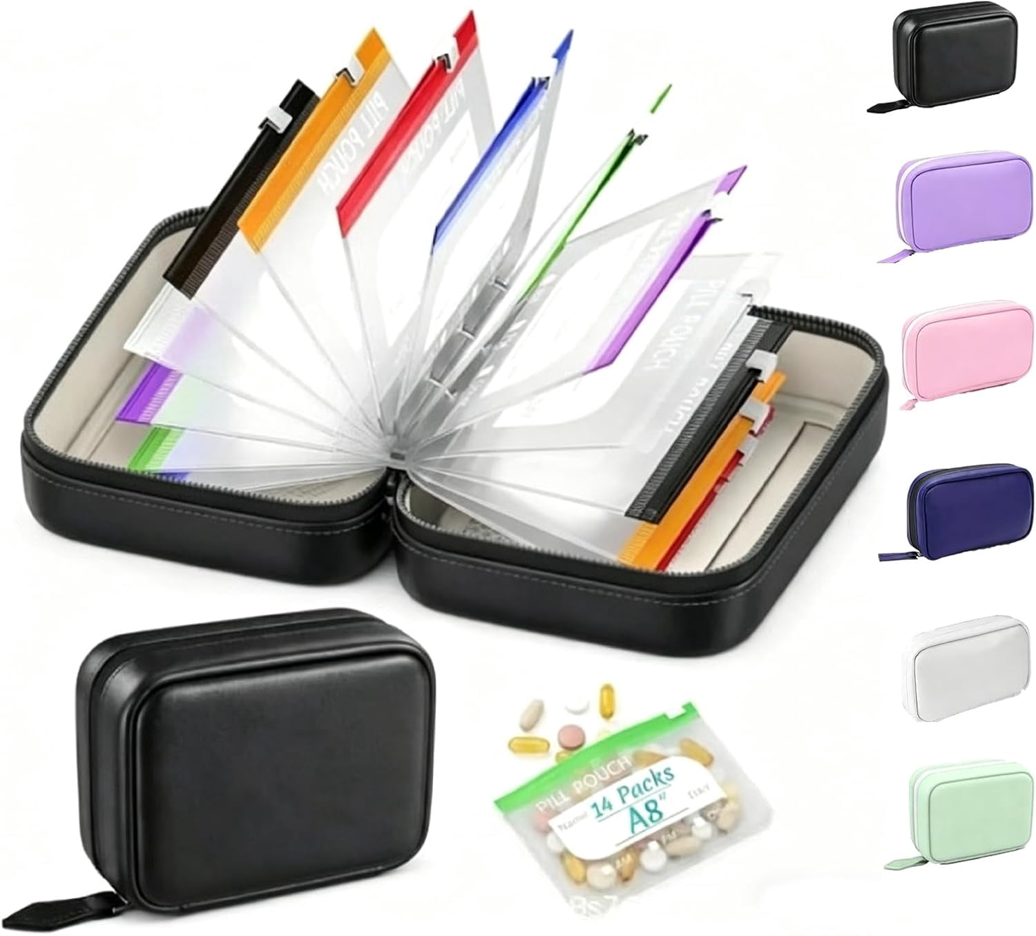A8 Waterproof Pill Pouch Set, Weekly Pill Organizer with 14 Color Coded Medicine Pouches, Large Reusable Travel Medicine Case, Crush Resistant Waterproof Zipper Storage for Vitamins Fish (A)