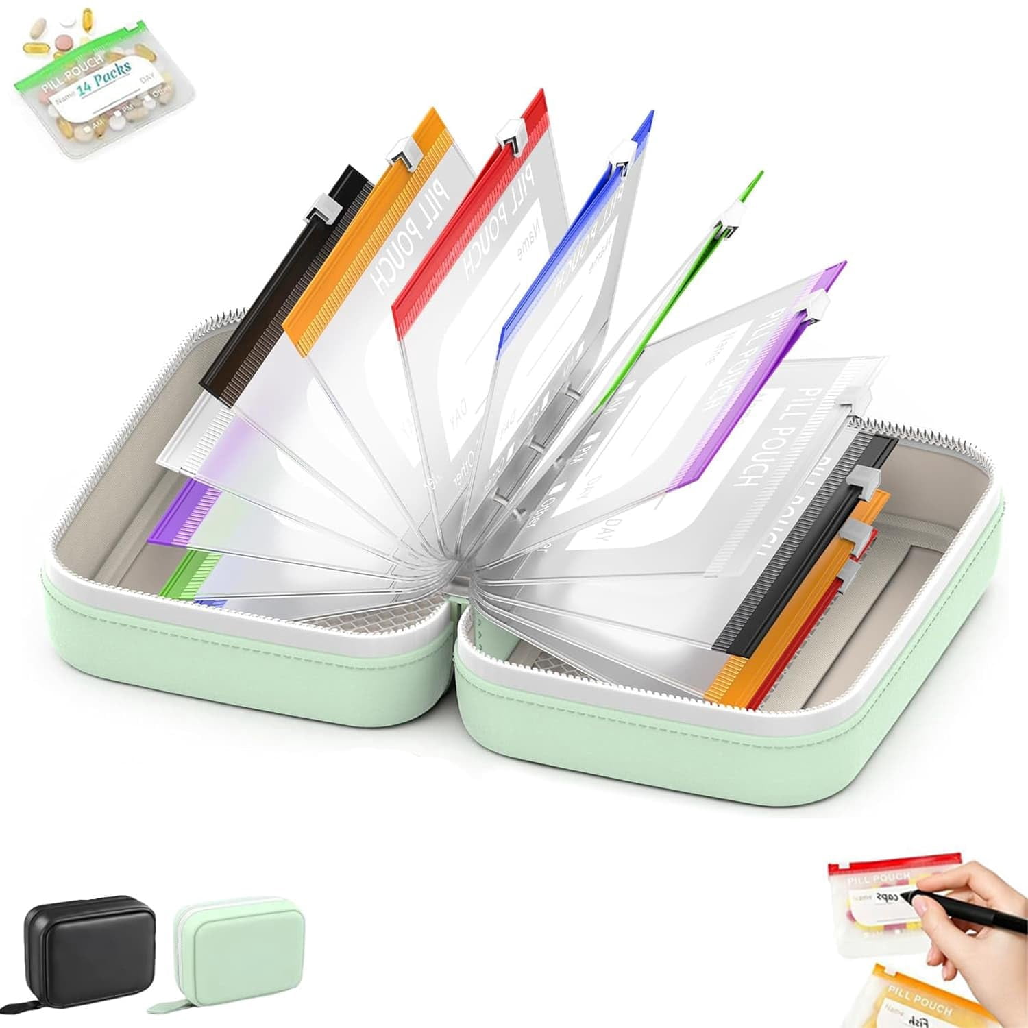A8 Waterproof Travel Pill Organizer Set with 14 Color-Coded Medicine Pouches, Weekly Crush-Resistant Case for Vitamins and Supplements