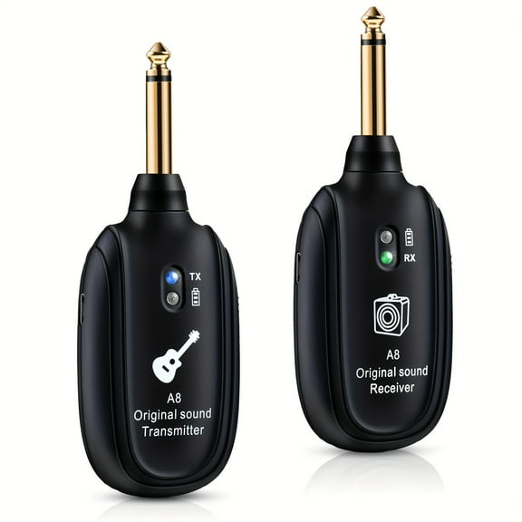 A8 Wireless Guitar System, Built-In Rechargeable Transmitter and Receiver, Stereo Audio, Hand Control, USB Charging for Electric Guitar, Bass, Violin, Compatible with Amplifiers