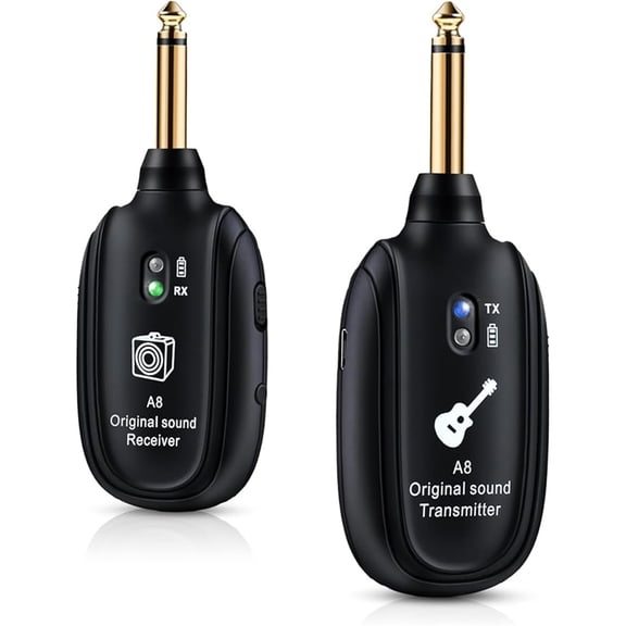 A8 Wireless Guitar System UHF 2 Modes, Rechargeable Li-Battery, 100ft Range, Plug & Play for Guitar, Bass, Violin, Keyboard - Black