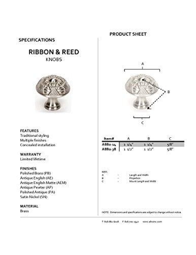 A880-38-AEM Ribbon & Reed Traditional Knobs, Antique English Matte, 1-1/2"