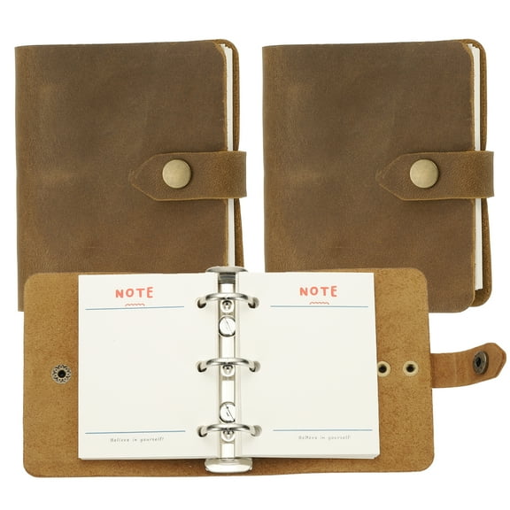A9 Leather Journal, 2Pcs 3 Ring Notebook Binder Planner Loose Leaf 60 Sheets Paper Refillable for Business Office Study Writing with Snap Button, Brown
