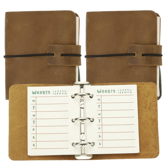 A9 Leather Journal, 2Pcs 3 Ring Notebook Binder Planner Loose Leaf 60 Sheets Paper Refillable for Business Office Study Writing, Brown