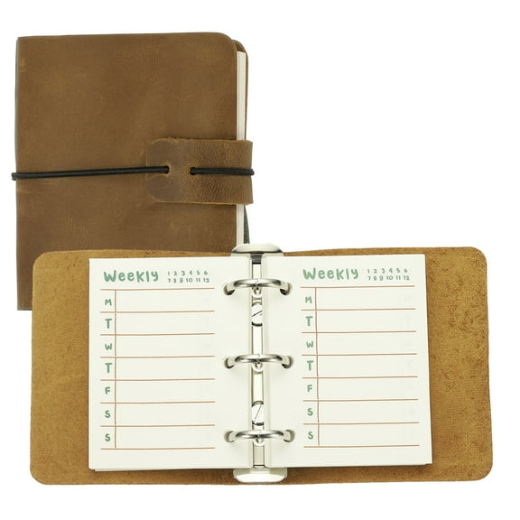 A9 Leather Journal, 3 Ring Notebook Binder Planner Loose Leaf 60 Sheets Paper Refillable for Business Office Study Writing, Brown
