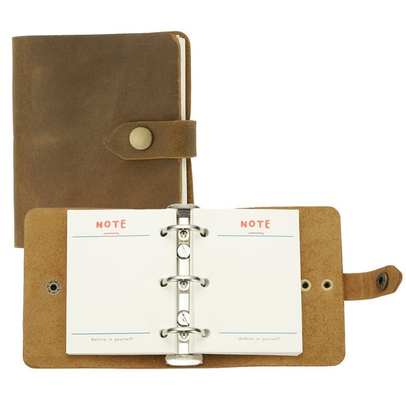 A9 Leather Journal, 3 Ring Notebook Binder Planner Loose Leaf 60 Sheets Paper Refillable for Business Office Study Writing with Snap Button, Brown