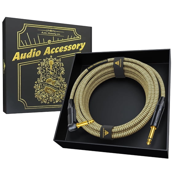 AA AUDIO ACCESSORY Gold Series Right Angle Guitar Cable 15 ft (Gold-Plated Neutrik Connectors) 16 AWG, Kevlar Reinforced Braided 1/4 Instrument Cord for Electric Amp Bass, 100% Shielded, Yellow/Black