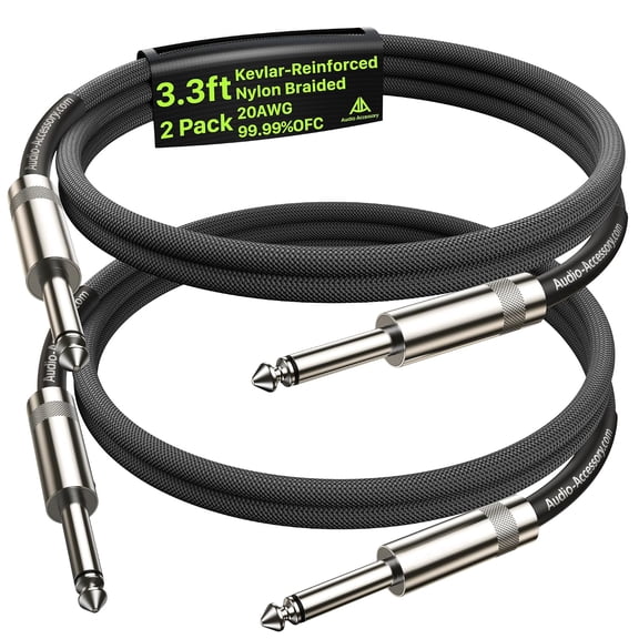 AA AUDIO ACCESSORY Guitar Cable 3.3ft 2 Pack, Kevlar-Reinforced 10X Heavy-Duty Nylon Braided, 20AWG 99.99% OFC, Heat-Shrink Protected 1/4 Instrument Cable, Shielded Amp Cord for Electric Guitar