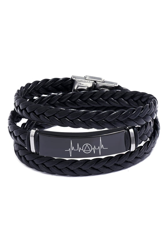 AA Alcoholics Anonymous Recovery Sobriety Triangle Symbol Wrap Leather Bracelet for Men Women, Inspirational Sober Heartbeat Recoverying Gifts, Black