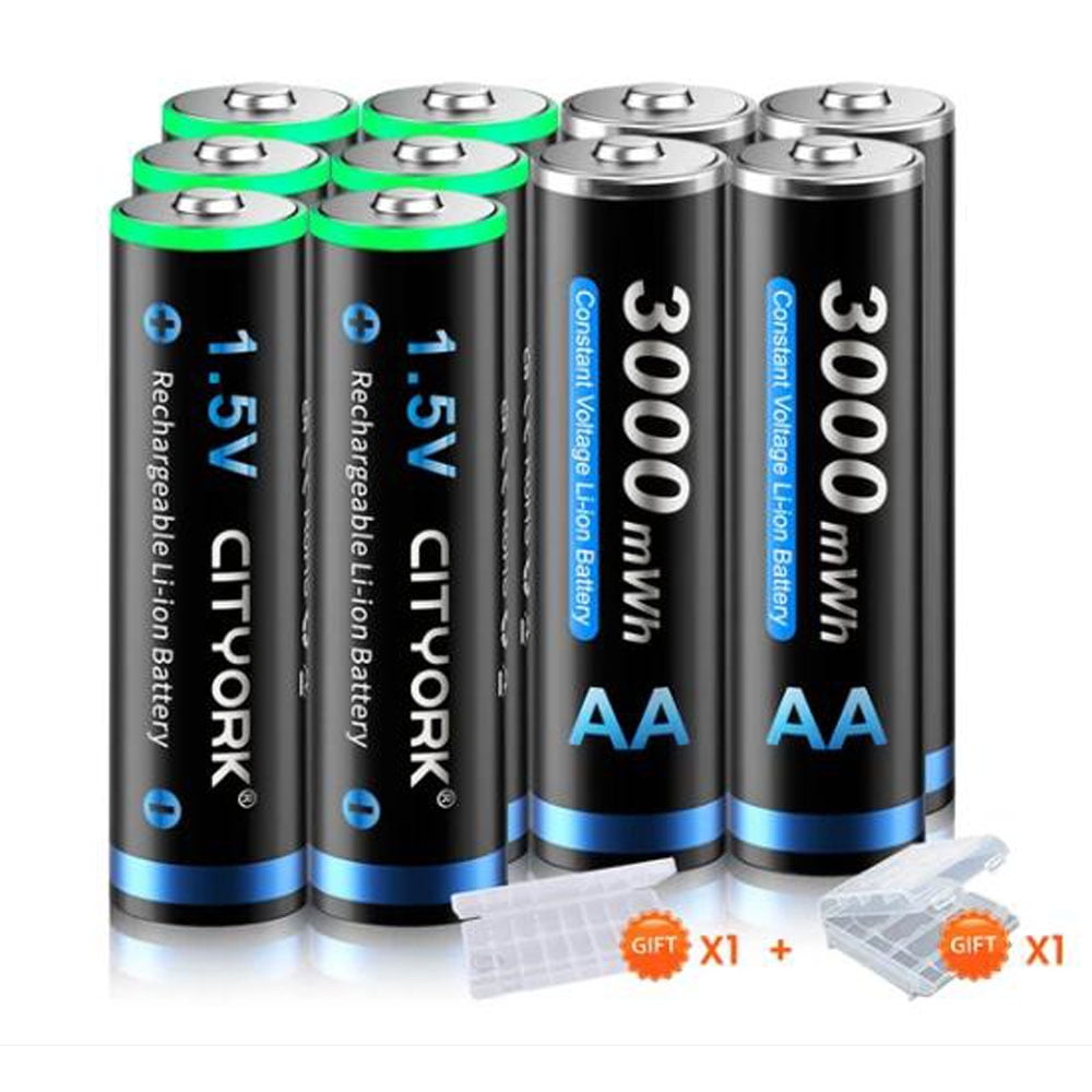 AA Batteries 3000mWh 1.5V Lithium Rechargeable Batteries 10 Pack with 2 Pack Battery Case