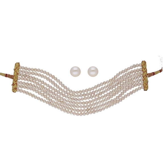 AA Freshwater 7 Lines Cream White Baroque Pearl Choker Set For Women