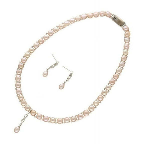 AA Freshwater Button Pearl 1 Line Pink Pearl Necklace Set