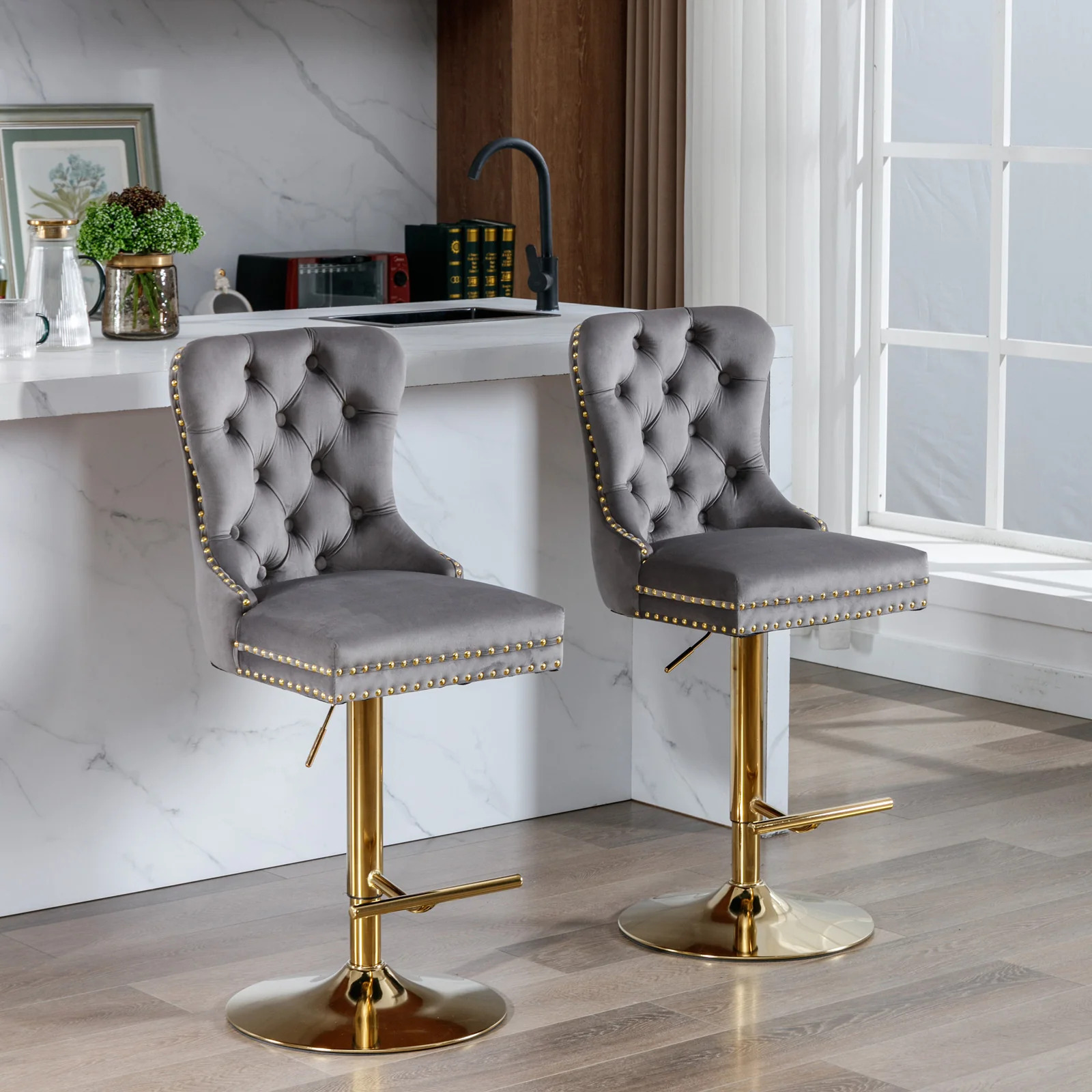 AA Furniture,Thick Golden Swivel Velvet Barstools Adjusatble Seat