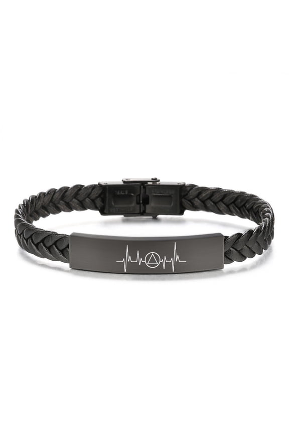 AA Gift Sobriety Anniversary Braided Leather Bracelet, Sober Recovery Heartbeat Bangle Abstinenece Recovering Reminder Positive Jewelry