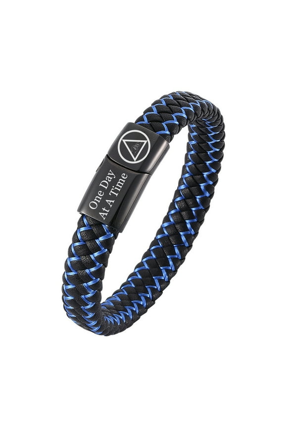 AA Gifts - Addicts Narcotics Anonymous Sobriety Symbol Leather Bracelet Fist Bump Inspiration Cuff Bangle for Men Women Sober Jewelry Recovery Gifts for Birthday Christmas Anniversary, Blue, 8.07''