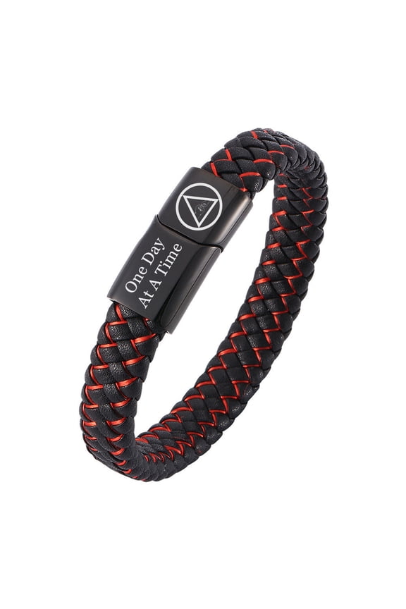AA Gifts - Addicts Narcotics Anonymous Sobriety Symbol Leather Bracelet Fist Bump Inspiration Cuff Bangle for Men Women Sober Jewelry Recovery Gifts for Birthday Christmas Anniversary, Red, 8.07''