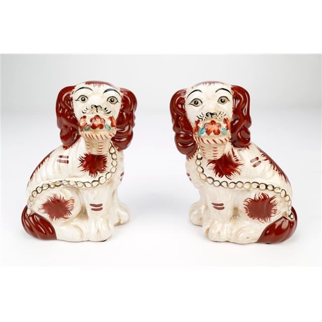 AA Importing 25649 Rust Brown & White Staffordshire Spaniels Figurine with Baskets, Set of 2
