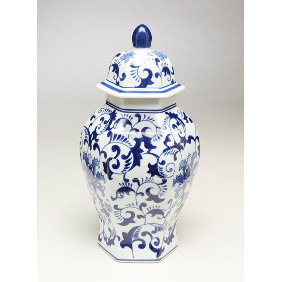 AA Importing 59805 14 inch Hexagon Blue & White Ginger Jar