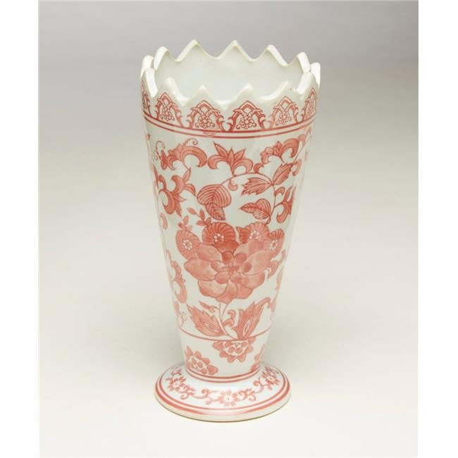 Red and White Floral Porcelain Vase with Saw Tooth Edge