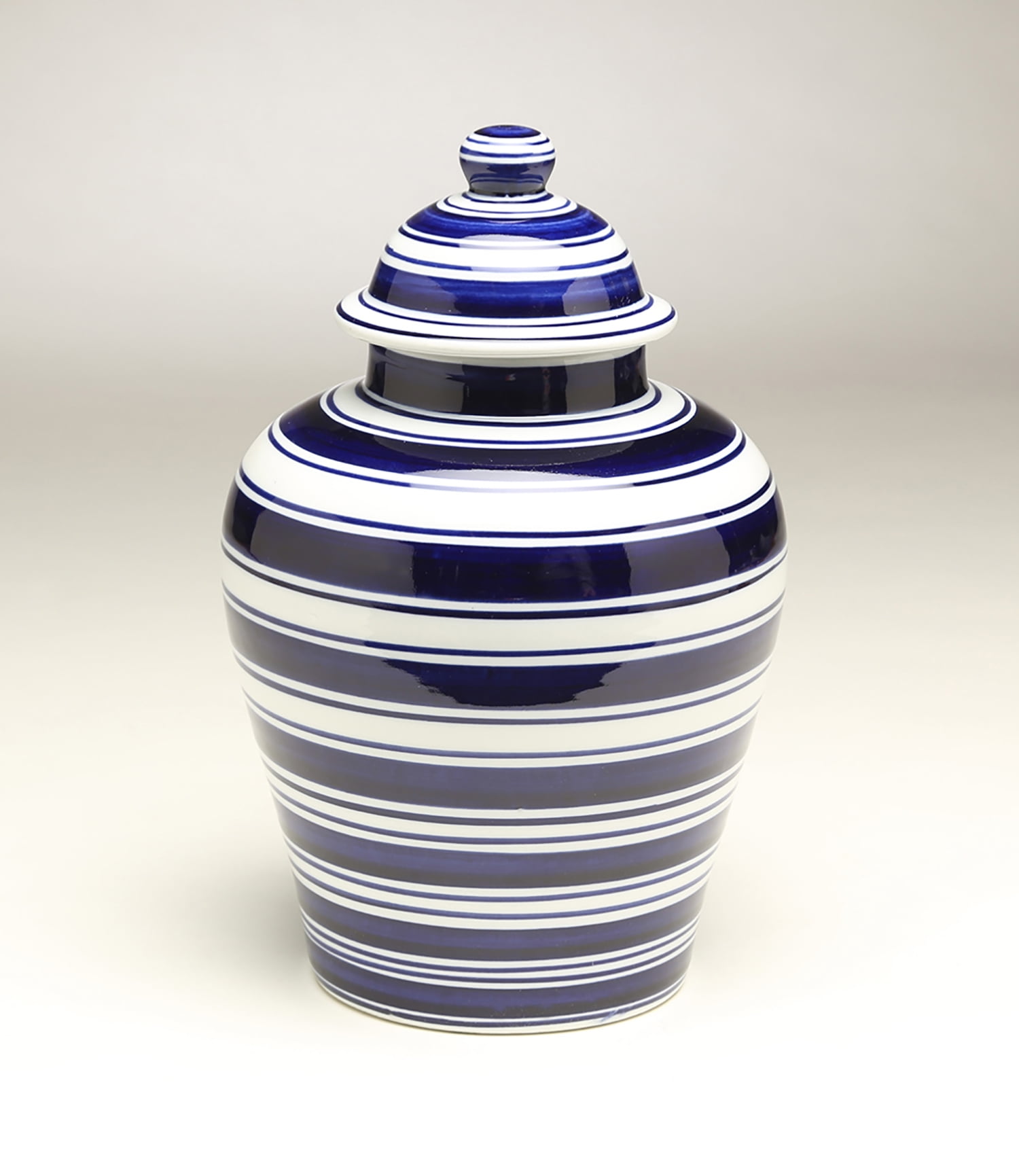 Blue and White Striped Ceramic Ginger Jar with Lid