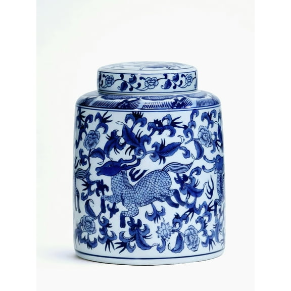 AA Importing AAI 10" Ginger Jar, Chinoiserie Deer Design, Blue and White