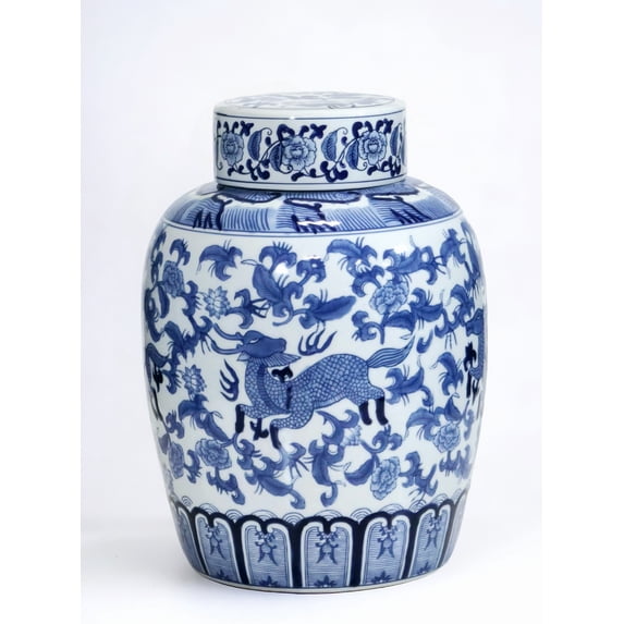 AA Importing AAI Ginger Jar, Chinoiserie Deer Design, Blue and White