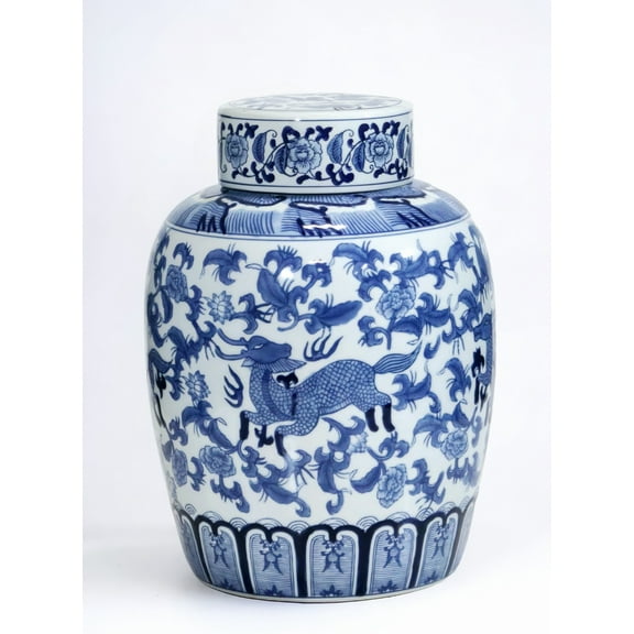 AA Importing AAI Ginger Jar, Chinoiserie Deer Design, Blue and White