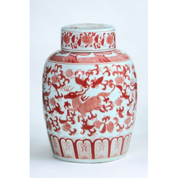 AA Importing AAI Ginger Jar, Chinoiserie Deer Design, Red and White