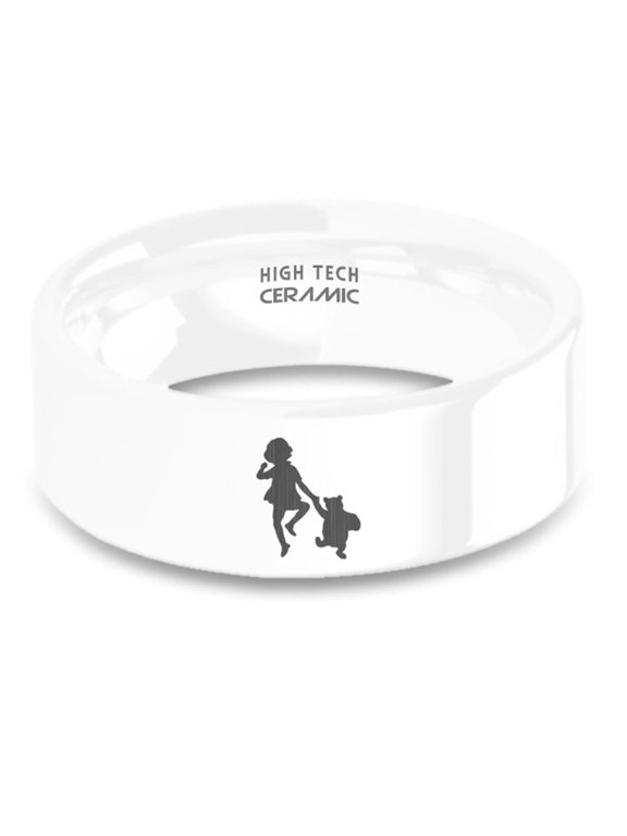 AA Milne's Christopher Robin Laser Engraved White Ceramic Ring, 8mm, Size 9