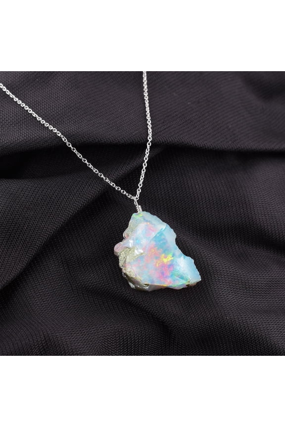 AA+ Natural Ultra Fire Raw Ethiopian Opal Rough Handmade Dainty Pendant Necklace For Women, Healing Chakra Crystals, Birthstone Jewelry, Rhodium Plated 925 Sterling Silver Chain 20 inch, Gift for Her