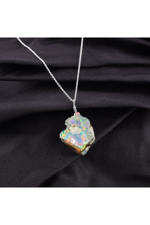 AA+ Natural Ultra Fire Raw Ethiopian Opal Rough Handmade Dainty Pendant Necklace For Women, Rhodium Plated 925 Sterling Silver Chain 20 inch, Healing Chakra Crystals, Birthstone Jewelry, Gift for Mom