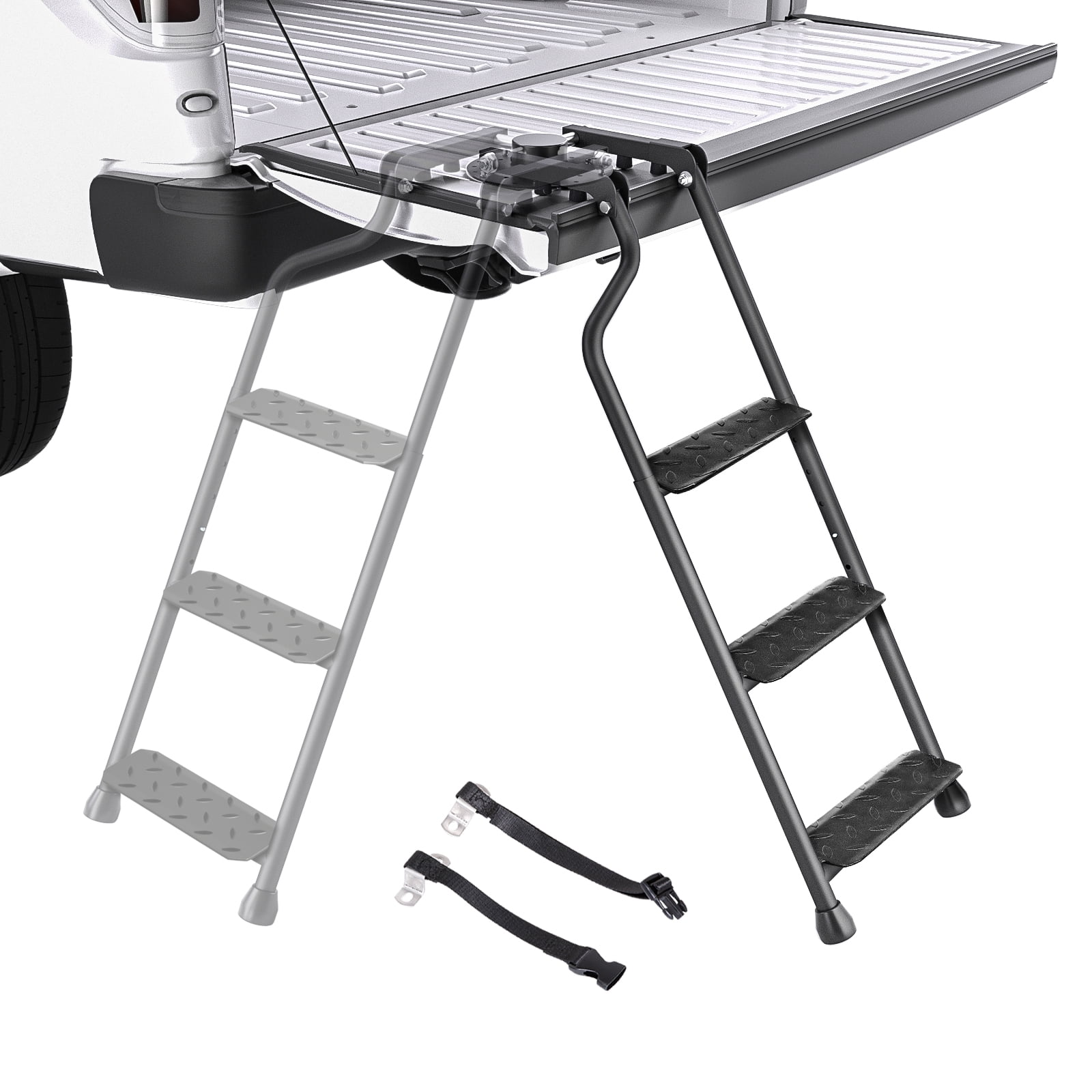 AA Product Tailgate Ladder Foldable Pickup Truck Tailgate Ladder with Wide Pedal Non-Slip Sturdy for Truck Easy Install Durable Steel Omni-Directional Ladder Rack Capacity 660 lb