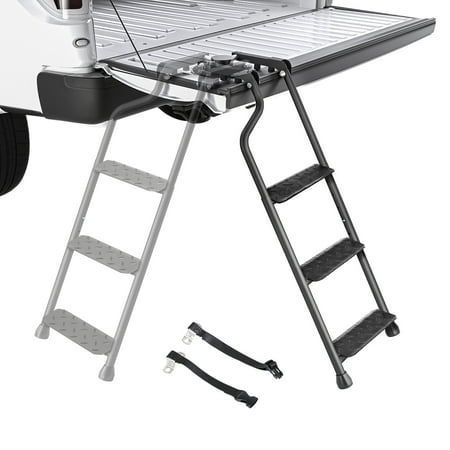 AA Product Tailgate Ladder Foldable Pickup Truck Tailgate Ladder with Wide Pedal Non-Slip Sturdy for Truck Easy Install Durable Steel Omni-Directional Ladder Rack Capacity 660 lb