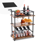 Industrial Bar Cart for Home, 3-Tier Bar Serving Cart with Wheels, Lockable Casters, Beverage Cart