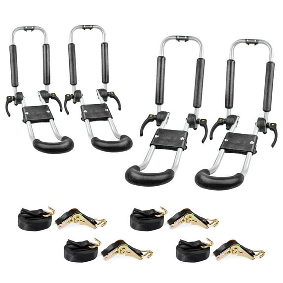 AA-Racks 2 Pair J-Bar Foldable Aluminum Kayak Rack Roof Top Mount with 16 Ft Ratchet Lashing Straps, Folding Carrier for Your Canoe, SUP and Kayaks on SUV Car Truck
