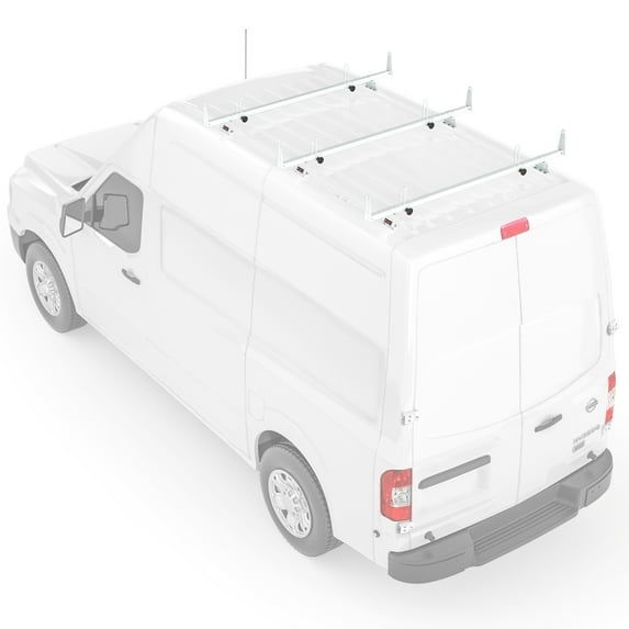 AA-Racks Model X202-NV Compatible Nissan NV 2012-On Heavy Gauge Steel 3 Bar Van Roof Rack System w/ Ladder Stopper White
