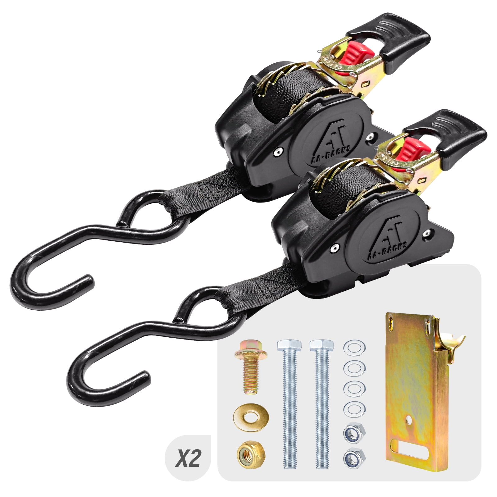 AA-Racks Retractable Ratchet Straps (2 Pack) - 1 Inch x 9 Ft 1200lbs Break Strength, Tie Down Straps for Securing Cargo, Truck Rack Ratchet Strap Kit with S-Hooks 400lb Capacity