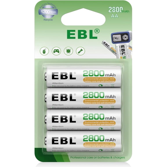 AA Rechargeable Batteries 1.2V NiMH Double A Battery 2800mAh High Capacity Pre-Charged Long Lasting - 4 Pack