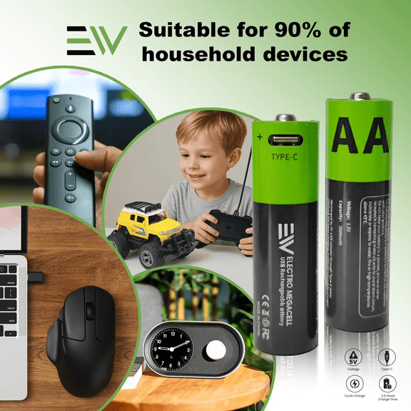 AA Rechargeable Lithium-Ion Batteries 1.5V 2000mAh 2 Pack with USB-C Cable