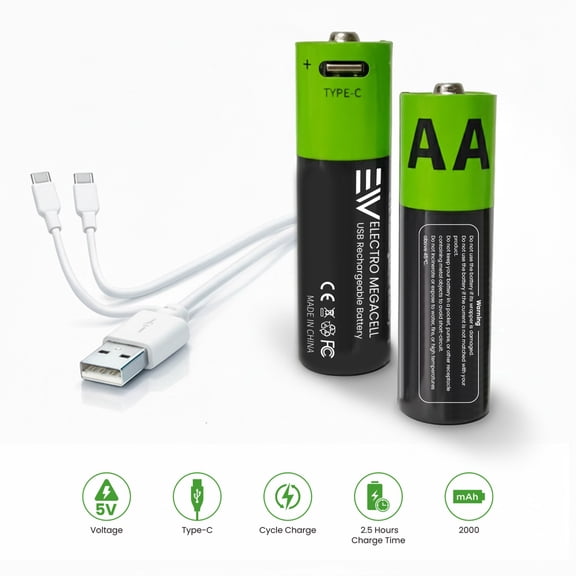 AA Rechargeable Lithium-Ion Batteries, 1.5V 2000mAh AA Rechargeable Batteries 4-Pack with USB-C Charging Cable, Fast Charging Long Lasting Batteries for Remote, Flashlight, Toys, M